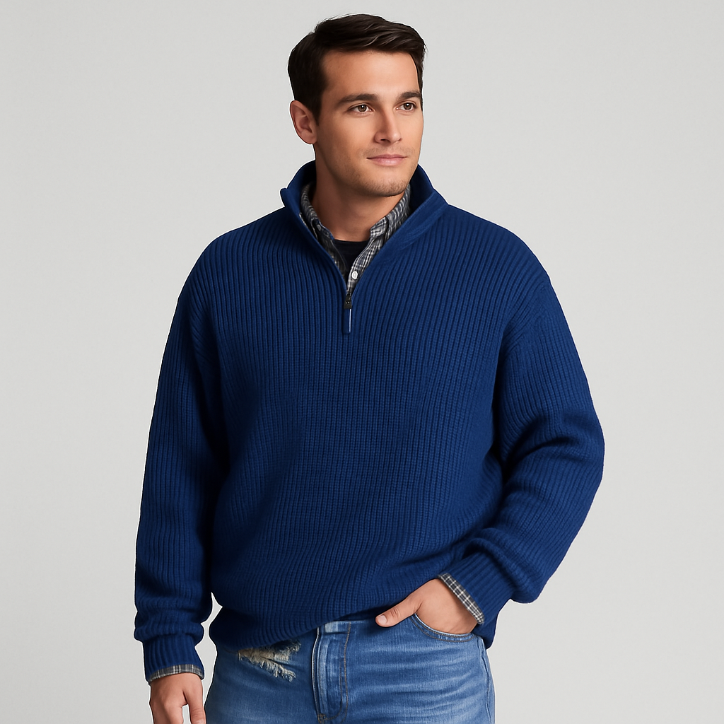 Men's versatile half-zip ribbed sweater with stand collar, perfect for casual or smart casual men's fashion.