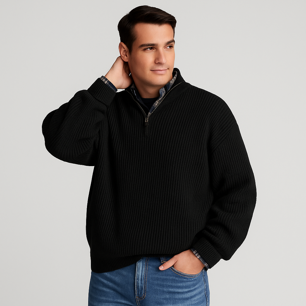 Comfortable men's half-zip ribbed sweater with stand collar, ideal long-sleeve pullover for fall & winter layering.
