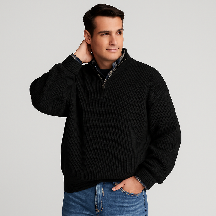 Comfortable men's half-zip ribbed sweater with stand collar, ideal long-sleeve pullover for fall & winter layering.