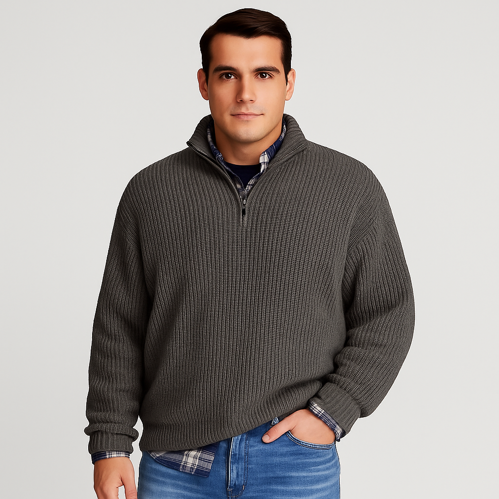 Close-up of men's ribbed half-zip sweater with stand collar, showcasing texture and modern men's fashion details.