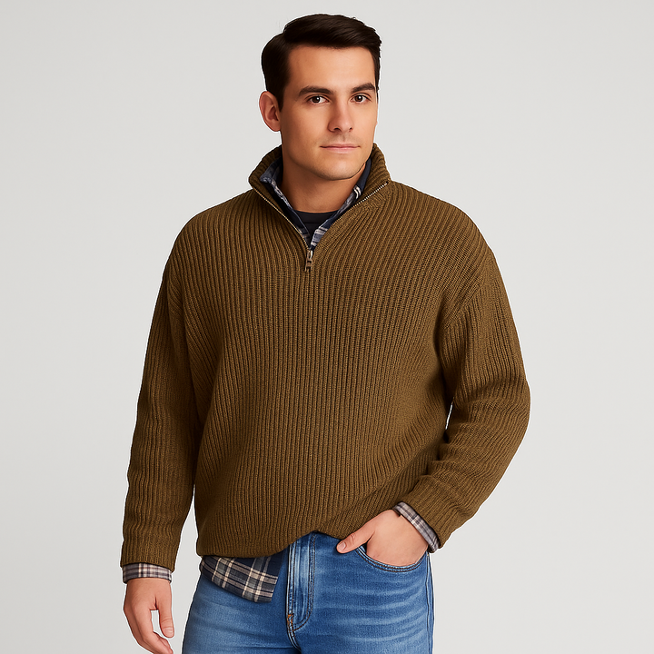 Versatile men's ribbed half-zip sweater with stand collar, great for winter wear & smart casual layering options.