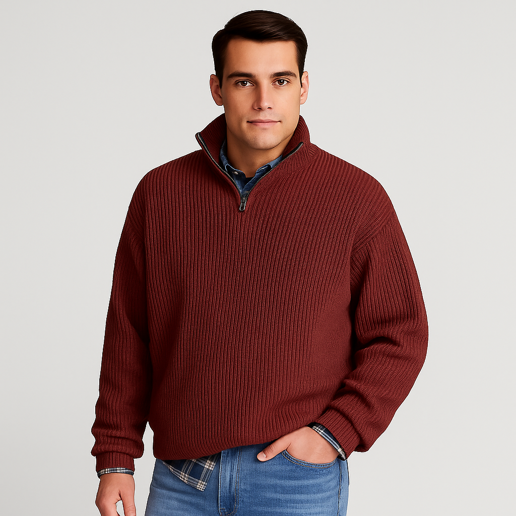 Classic men's half-zip ribbed sweater, a comfortable stand collar pullover perfect for fall and winter fashion.