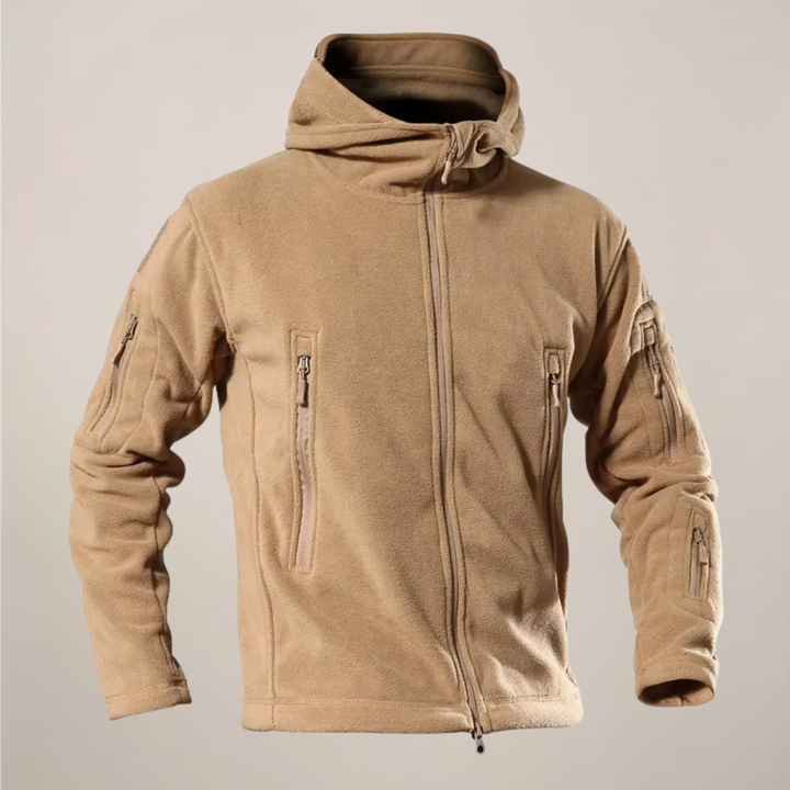 Stylish men's hooded zip jacket for fall. Lightweight, water-resistant casual outerwear. Ideal for outdoor gear.