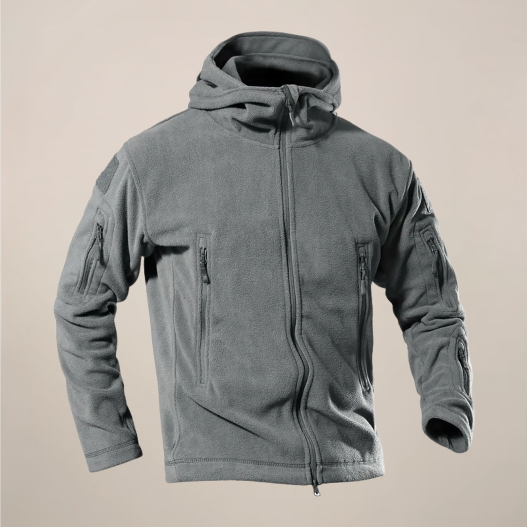 Close-up of men's hooded autumn jacket with water-resistant fabric & sturdy zip. Versatile casual outdoor gear.