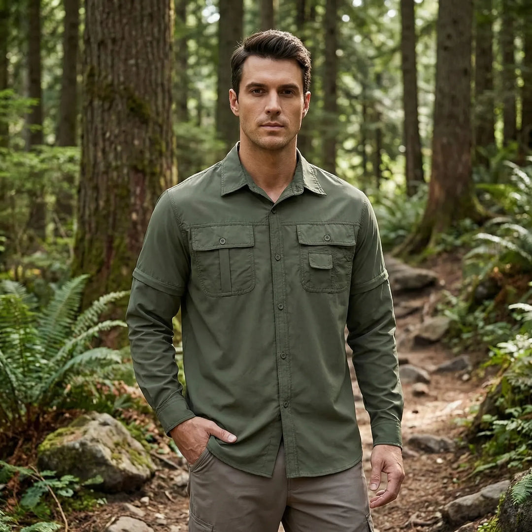 Men's versatile outdoor shirt with zip-off sleeves, perfect for hiking, camping, and travel adventures.