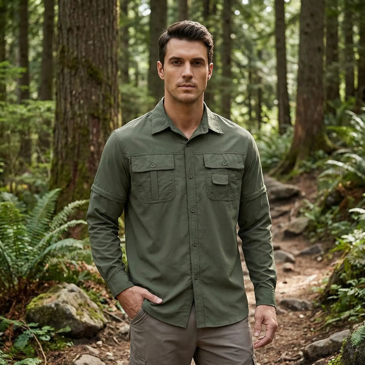 Men's versatile outdoor shirt with zip-off sleeves, perfect for hiking, camping, and travel adventures.