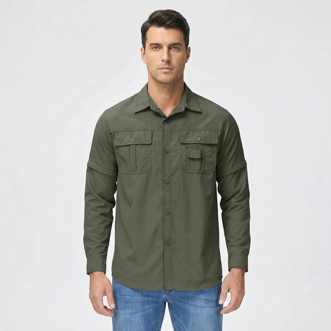 Convertible men's outdoor shirt, quick-dry fabric, ideal for hiking, fishing, and sun protection on trails.