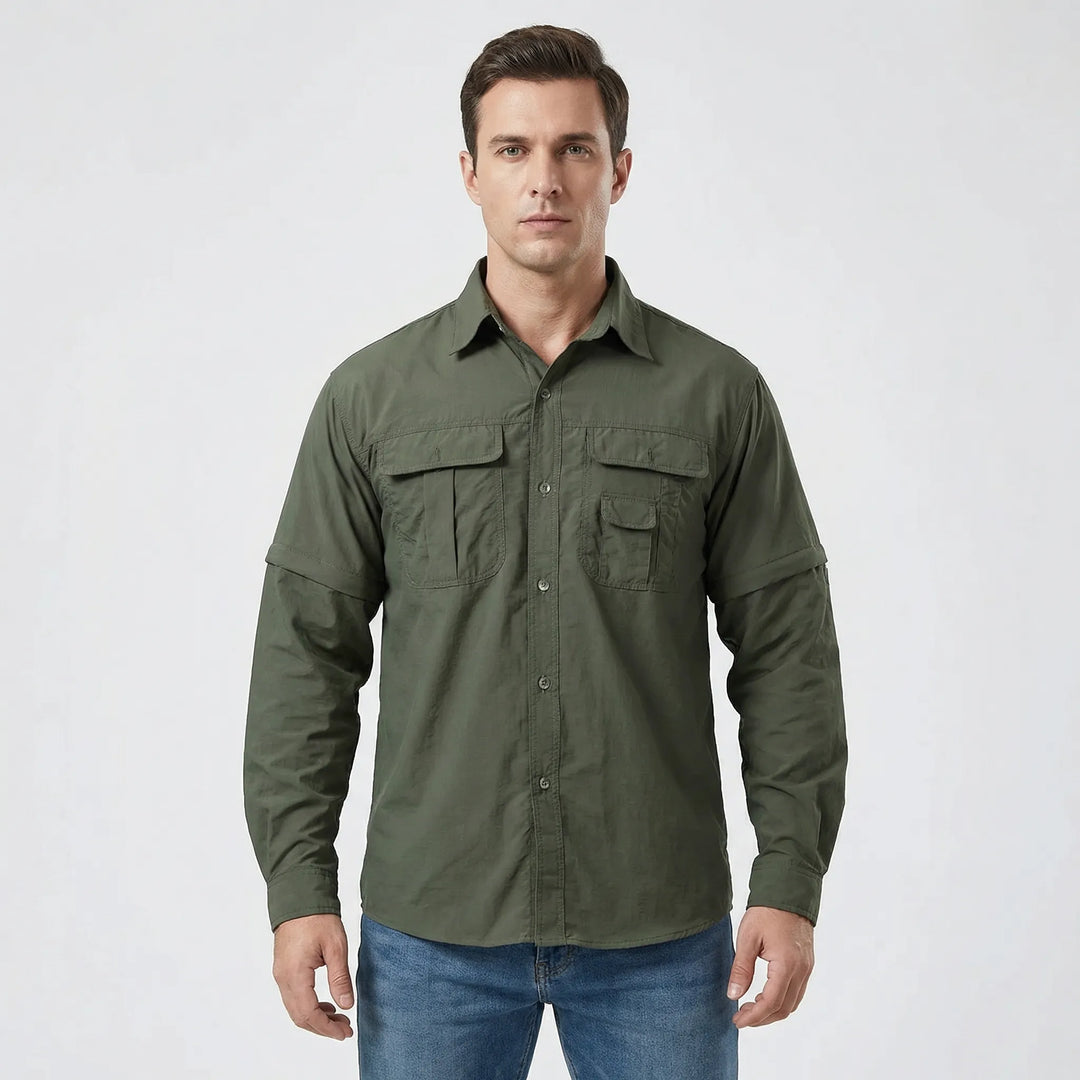 Men's convertible hiking shirt, zip-off sleeves, offering sun protection & quick-dry comfort for any outdoor trip.