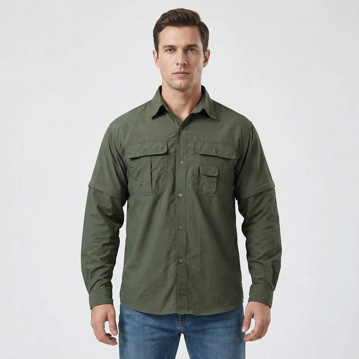 Men's convertible hiking shirt, zip-off sleeves, offering sun protection & quick-dry comfort for any outdoor trip.