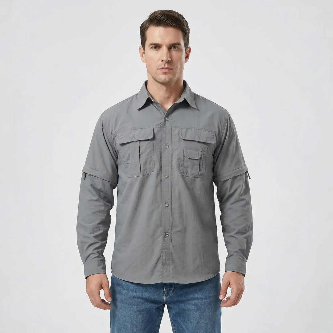 Men's Brett outdoor shirt, zip-off sleeves, quick-dry, and breathable, designed for travel and adventure.