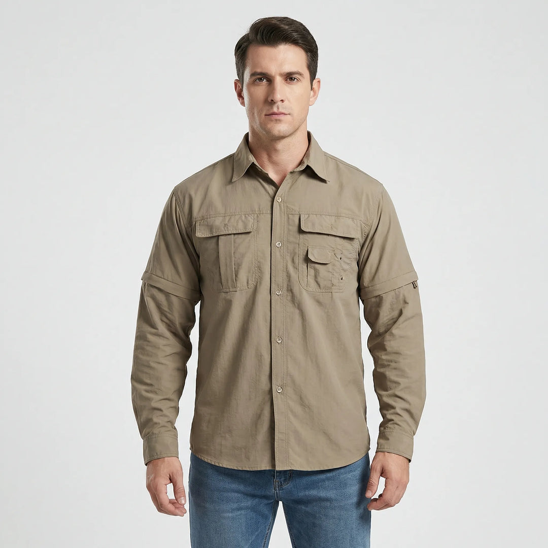 Durable men's outdoor shirt for fishing & camping, with zip-off sleeves, sun protection, and quick-dry comfort.
