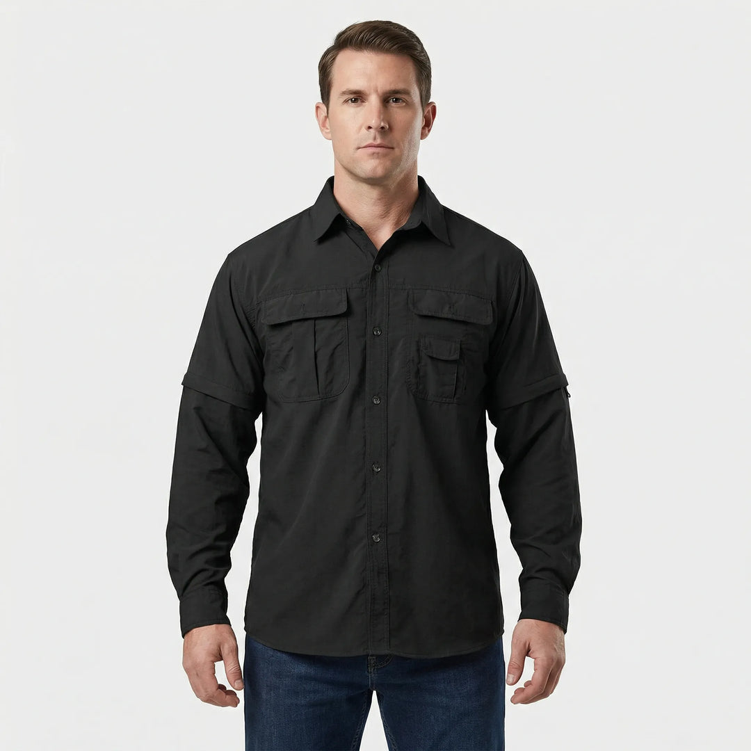 Versatile men's adventure shirt with convertible sleeves, quick-drying for hiking, travel & sun protection.
