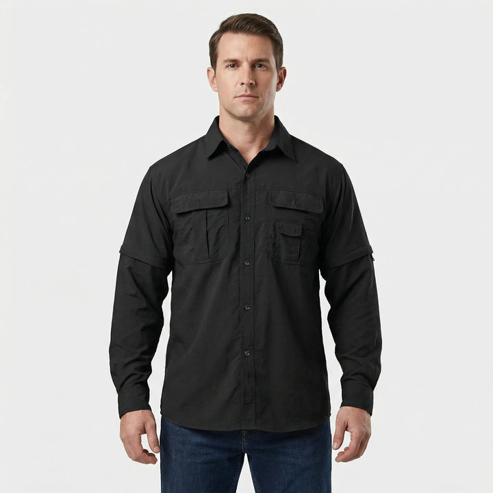 Versatile men's adventure shirt with convertible sleeves, quick-drying for hiking, travel & sun protection.