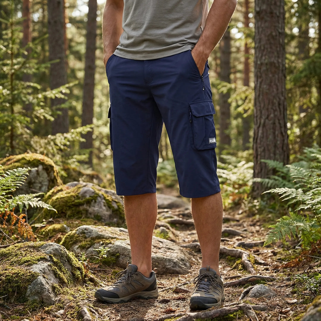 Men's versatile quick-dry cargo shorts, front view. Multi-pocket utility design, perfect for outdoor summer wear.