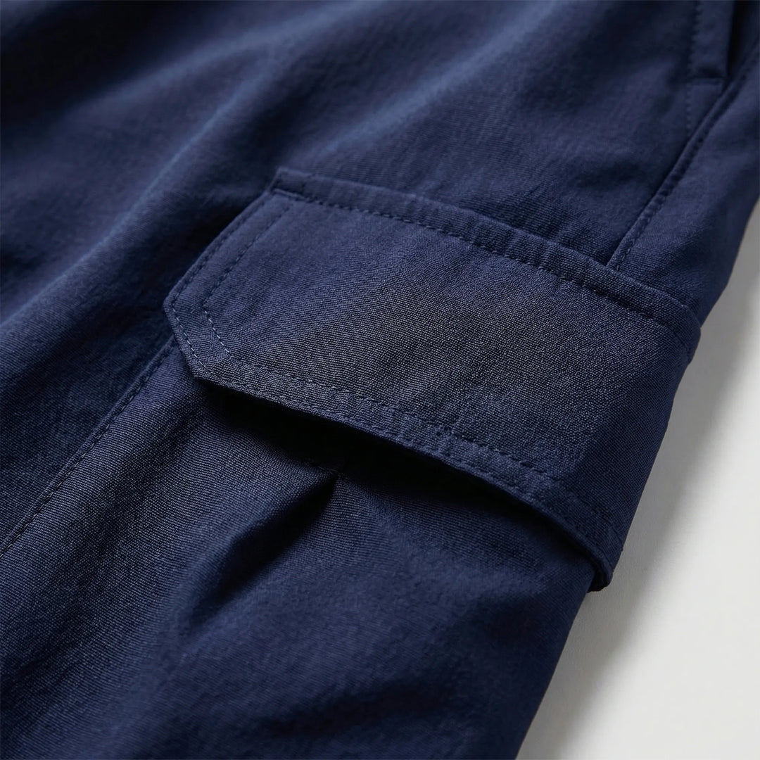 Back view of men's comfortable quick-dry cargo shorts. Ideal casual wear for summer adventures & active lifestyles.