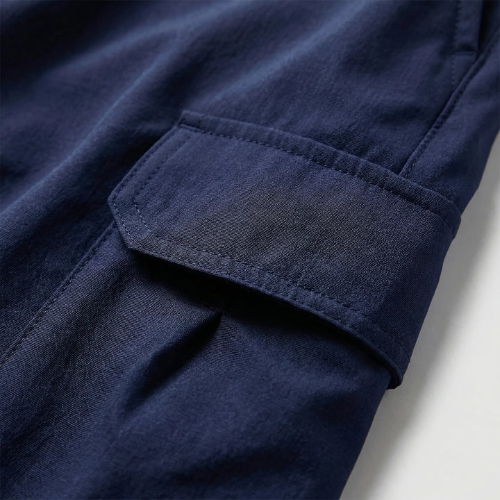Back view of men's comfortable quick-dry cargo shorts. Ideal casual wear for summer adventures & active lifestyles.
