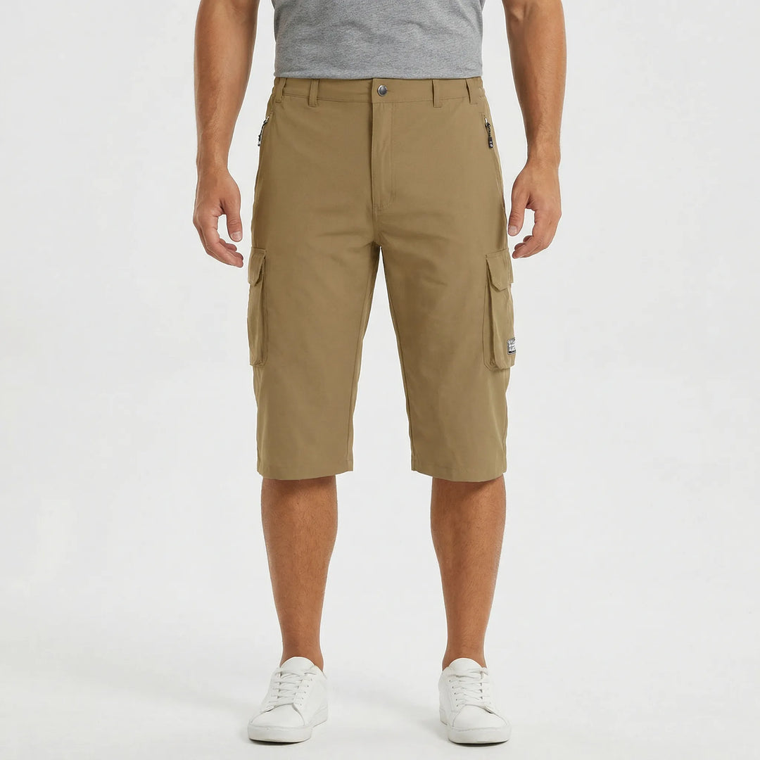 Folded men's quick-dry cargo shorts. Versatile summer activewear, available in various colors for outdoor use.