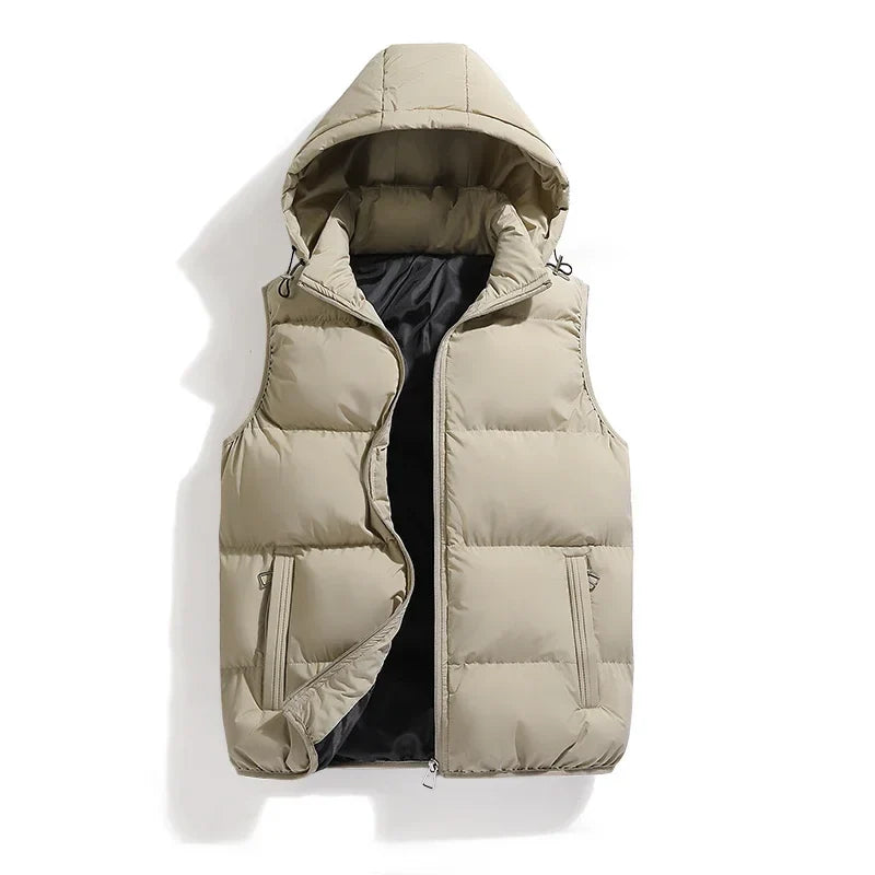 Man modeling a versatile quilted utility vest, adding warmth & style. Perfect casual layering piece for modern men.
