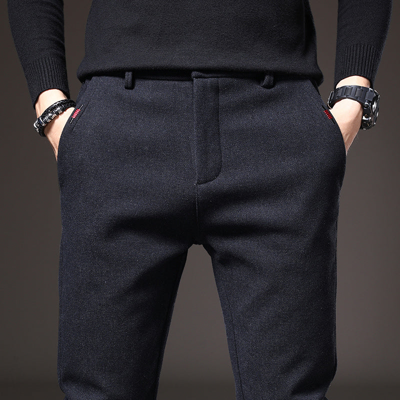 Modern men's slim fit stretch trousers in black, tailored for comfort and everyday versatility.