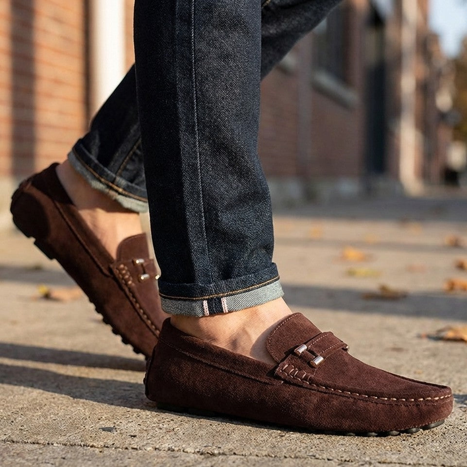 Stylish men's leather slip-on loafers, ideal for smart-casual dress & comfort footwear. Everyday fashion.