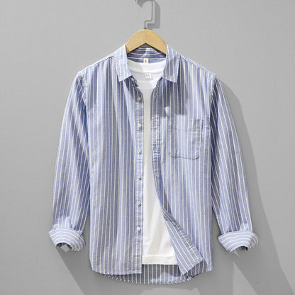 Men's versatile striped button-down shirt, perfect for smart casual or everyday wear. Long sleeve men's fashion.