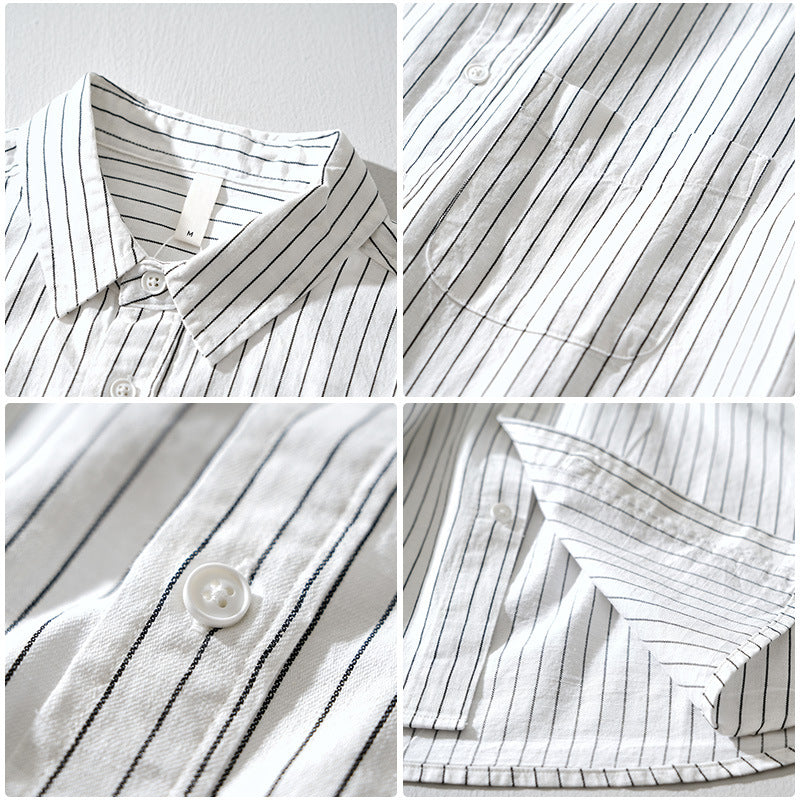 Front view of a men's striped button-down shirt, showcasing its versatile style and quality fabric for men's fashion.