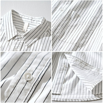 Front view of a men's striped button-down shirt, showcasing its versatile style and quality fabric for men's fashion.