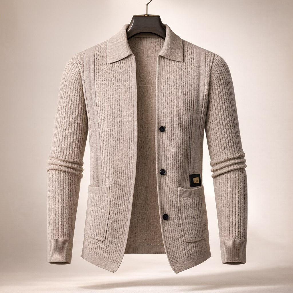 Men's versatile textured button-front cardigan, ideal for smart casual or everyday wear. Long sleeve collared top.