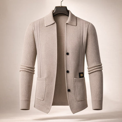 Men's versatile textured button-front cardigan, ideal for smart casual or everyday wear. Long sleeve collared top.