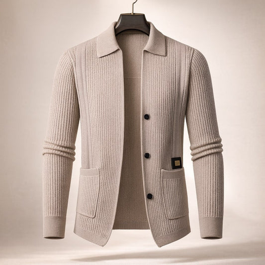 Men's versatile textured button-front cardigan, ideal for smart casual or everyday wear. Long sleeve collared top.