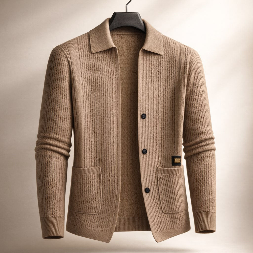 Close-up of men's textured knit cardigan. Soft, long-sleeve sweater with a classic collared, button-front design.
