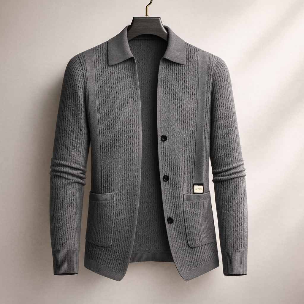 Smart casual men's textured cardigan. Versatile long-sleeve sweater with a button front, perfect for layering.