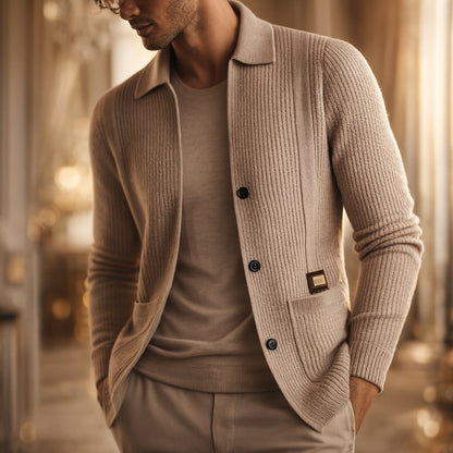 Men's stylish collared cardigan with a button front. Features a comfortable long-sleeve, textured knit design.