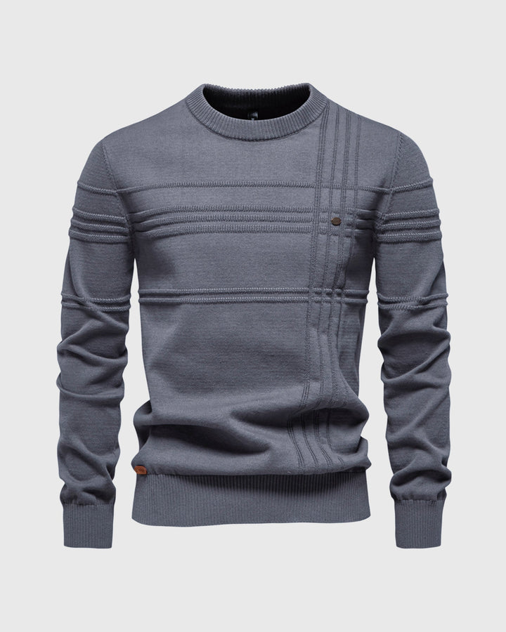 Textured knit crew neck sweater for men, perfect for fall fashion and winter warmth.
