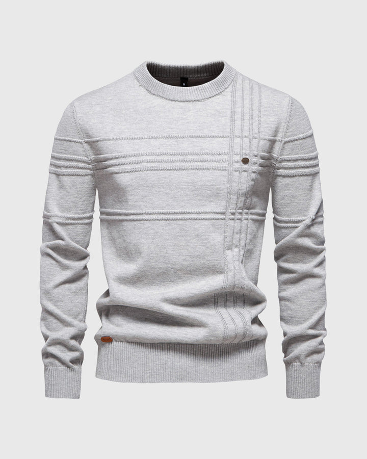 Stylish men's textured knit crew neck top, offering a modern and cozy look.