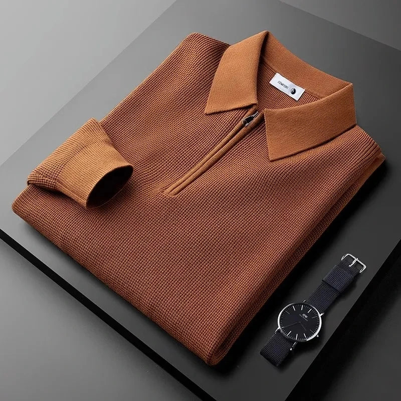 Men's versatile waffle knit quarter-zip long-sleeve shirt in a classic color, perfect for everyday casual style.