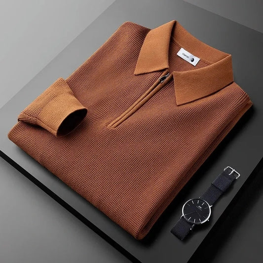 Men's versatile waffle knit quarter-zip long-sleeve shirt in a classic color, perfect for everyday casual style.