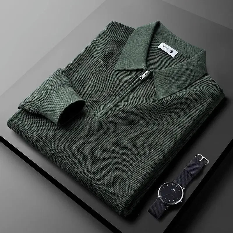 Close-up of the soft men's waffle knit fabric, showcasing the textured weave of this comfortable long-sleeve top.