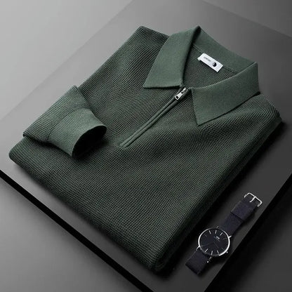 Close-up of the soft men's waffle knit fabric, showcasing the textured weave of this comfortable long-sleeve top.