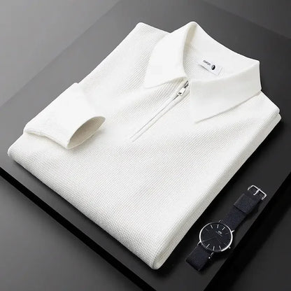 Male model wearing a men's casual waffle knit quarter-zip shirt with jeans, ideal for everyday and smart casual occasions.