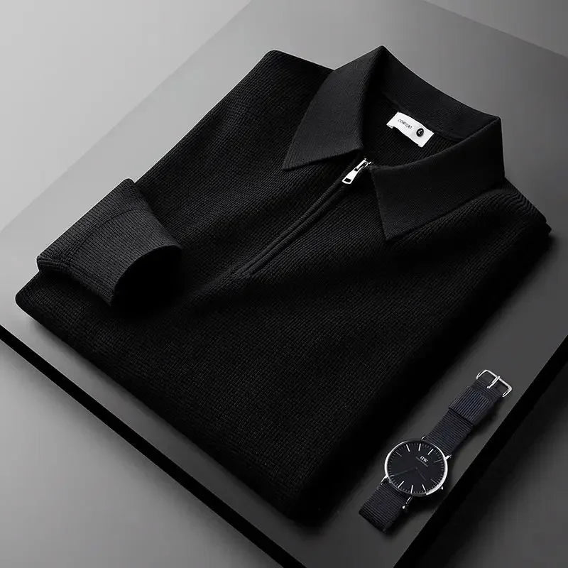 Stylish men's quarter-zip waffle knit long-sleeve top, perfect for a smart casual look or layering during cooler weather.