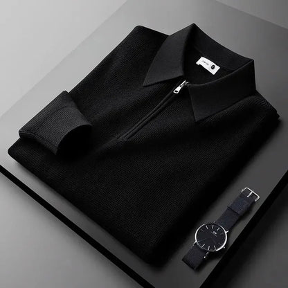Stylish men's quarter-zip waffle knit long-sleeve top, perfect for a smart casual look or layering during cooler weather.