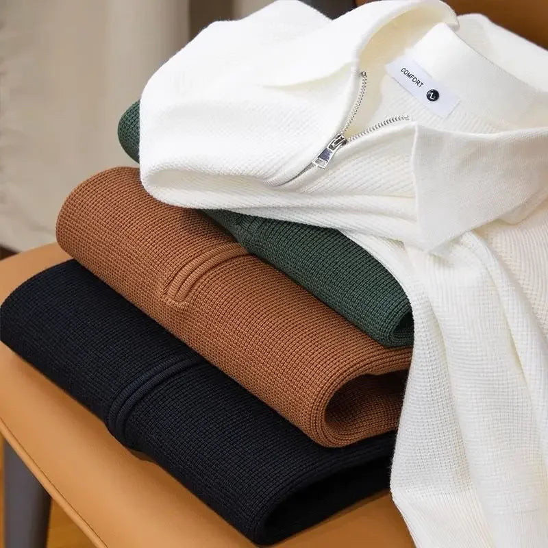 Back view of a well-fitting men's waffle knit quarter-zip shirt, highlighting its comfortable and versatile design.