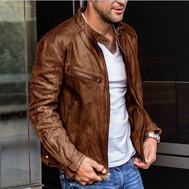 Stylish men's weatherproof leather jacket, timeless design. Available in beige, black, brown, and red.
