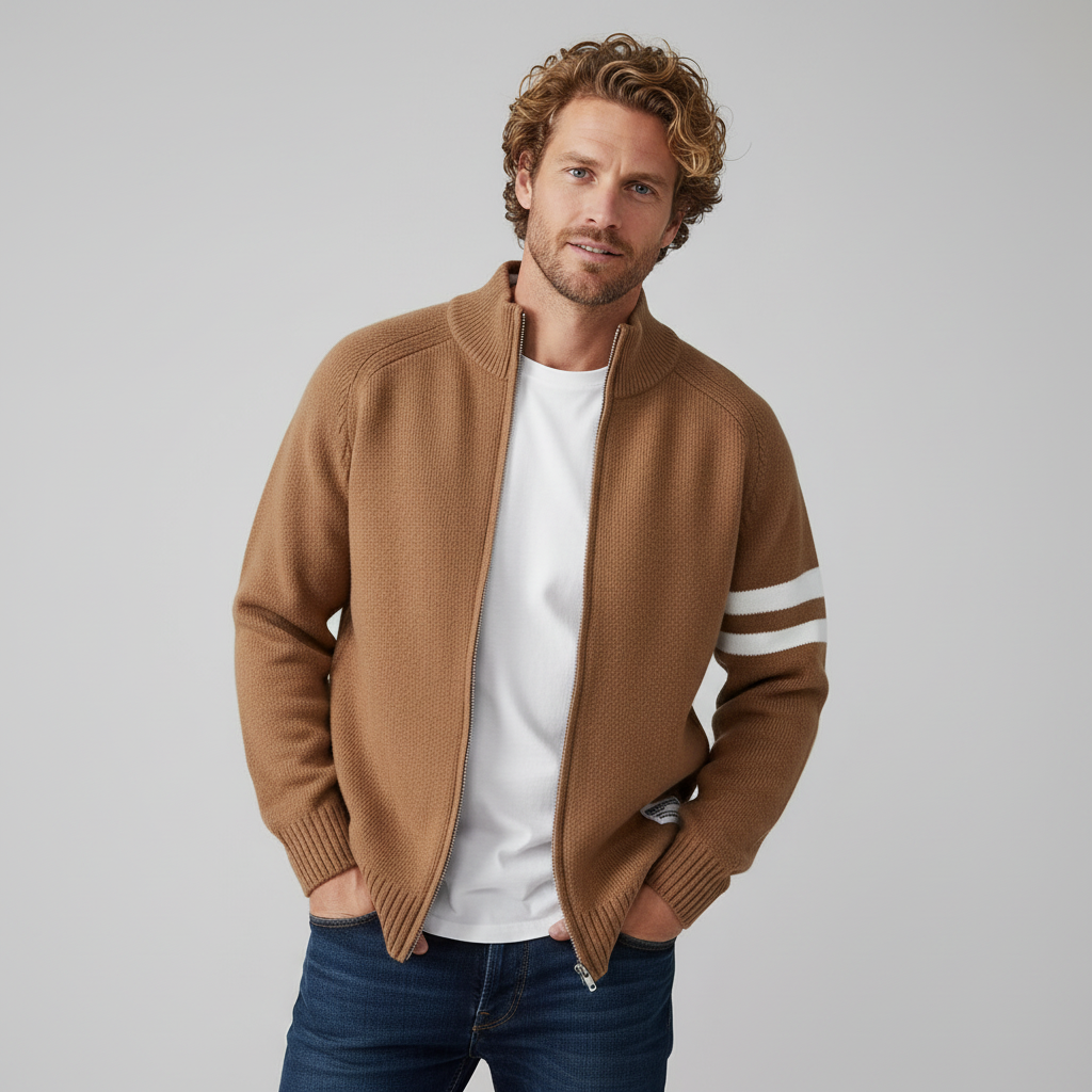 Men's versatile zip sweater, a refined knit top perfect for sporty casual wear and stylish fall layering.