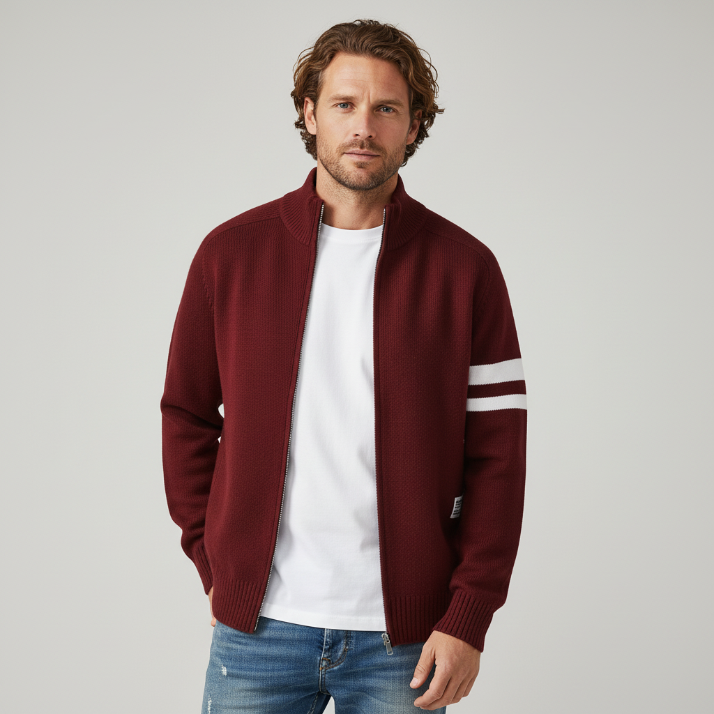 Refined men's zip-up sweater. A sophisticated knit top, ideal for stylish fall & winter outfits.