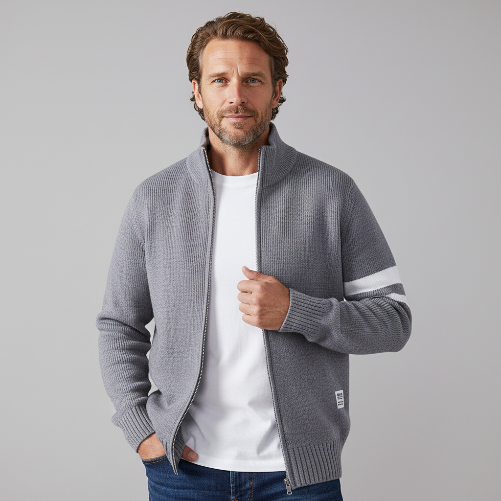 Stylish men's zip sweater with subtle stripe detail. A versatile knit top for modern men's fall fashion.