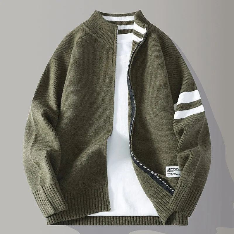 Sporty men's zip sweater, a perfect knit layering piece for active fall fashion and casual cool-weather outfits.