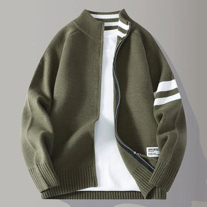 Sporty men's zip sweater, a perfect knit layering piece for active fall fashion and casual cool-weather outfits.