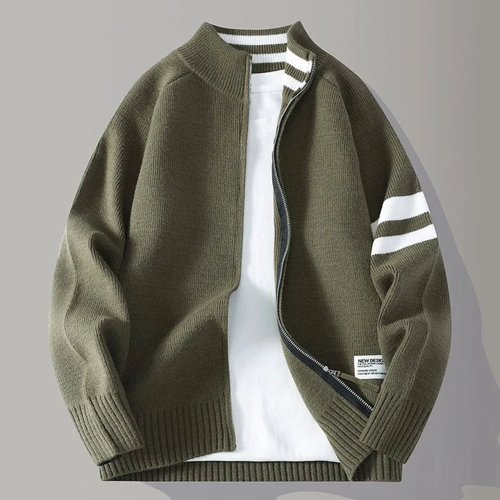 Sporty men's zip sweater, a perfect knit layering piece for active fall fashion and casual cool-weather outfits.